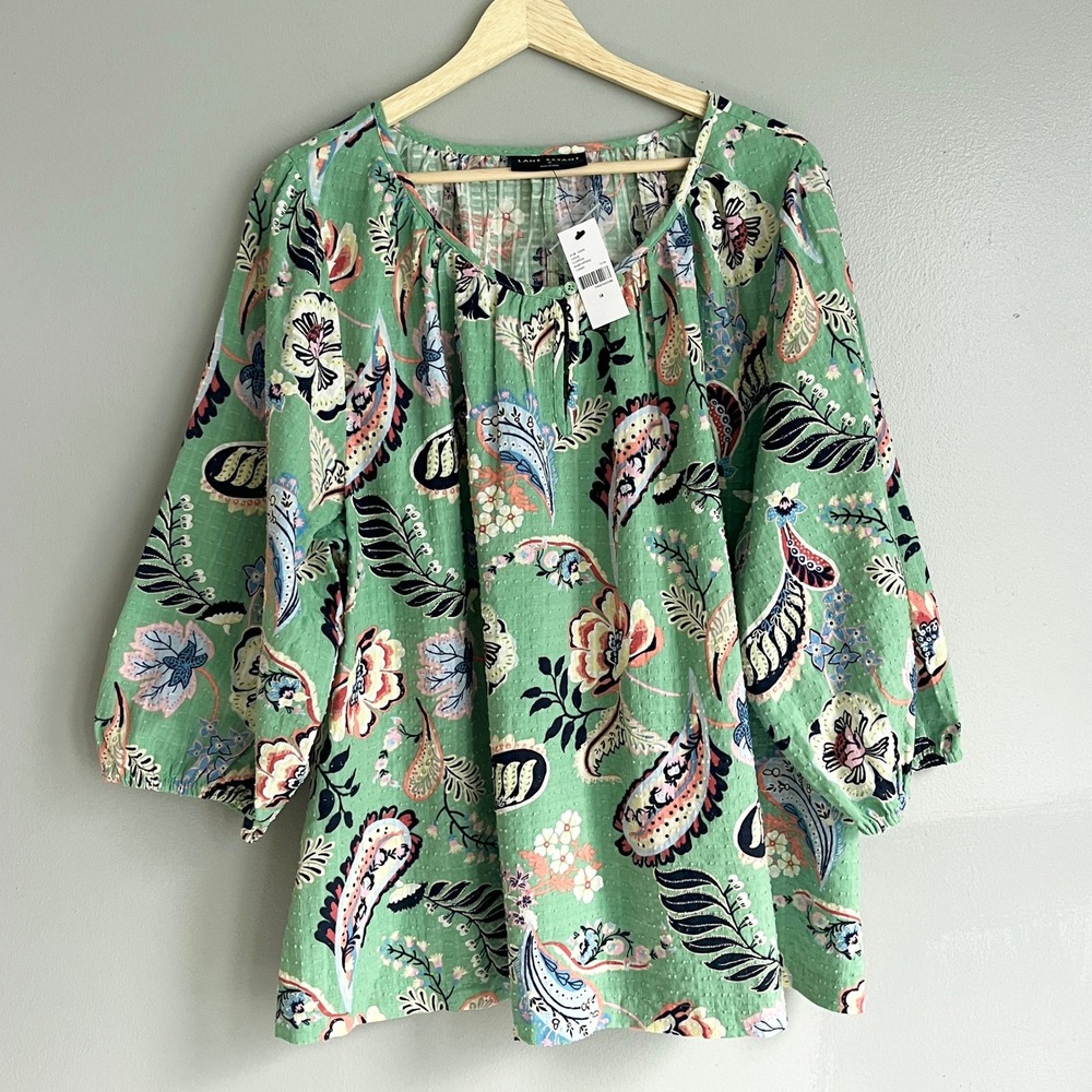 Lane Bryant Blouse Womens 18 Green Paisley Cotton Clip Dot Boho Casual Top NWT